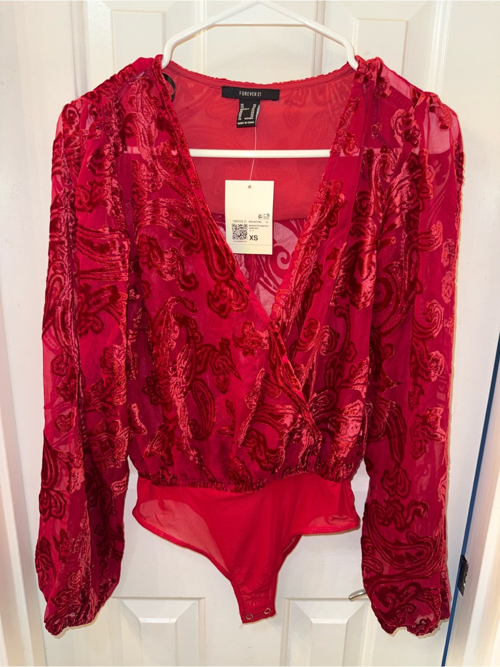 Forever 21 Red Velvet Burnout Surplice Long-Sleeve Bodysuit